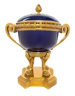 A Sevres Gilt Bronze Mounted Porcelain Cache Pot Width over handles 17 1/4 inches.