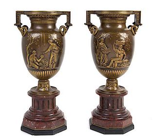 * A Near Pair of French Gilt Bronze Urns Height 19 inches.