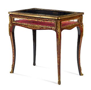 A Napoleon III Style Gilt Bronze Mounted Boulle Marquetry Vitrine Table Height 29 1/2 x width 30 1/2 x depth 19 1/2 inches.