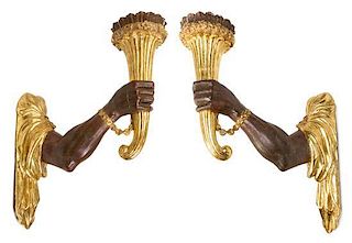A Pair of Continental Painted Sconces Height 25 inches.