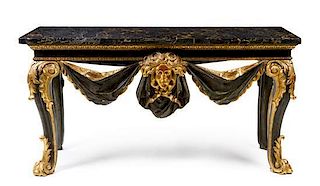 An Italian Painted and Parcel Gilt Console Table Height 34 1/4 x width 66 1/4 x depth 28 inches.