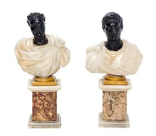 A Pair of Continental Marble and Hardstone Busts Height 8 inches.