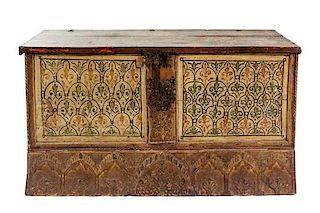 * A Syrian Carved and Painted Blanket Chest Height 29 5/8 x width 56 1/4 x depth 24 inches.