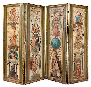 * A Continental Painted Canvas Four-Panel Floor Screen Height 87 x width of each panel 30 1/2 inches.