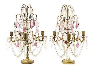 * A Pair of Brass and Glass Three-Light Candelabra Height 16 inches.