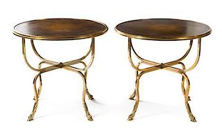 A Pair of Neoclassical Style Brass End Tables Height 23 1/2 x diameter 25 1/2 inches.