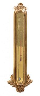 * A Neoclassical Style Brass Barometer Height 48 x width 13 1/2 inches.