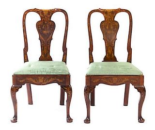 * A Pair of Dutch Marquetry Walnut Side Chairs Height 38 1/2 inches.