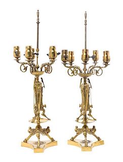 A Pair of Neoclassical Style Gilt Bronze and Brass Candelabra Height 27 1/4 inches.