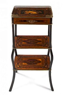 * A Continental Marquetry Etagere Height 33 3/4 x width 17 x depth 13 inches.