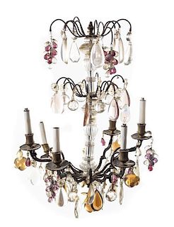 * A Continental Brass and Glass Six-Light Chandelier Height 26 inches.