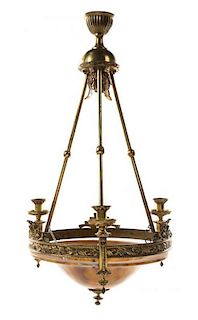 A Continental Gilt Bronze and Alabaster Three-Light Chandelier Height 31 inches.