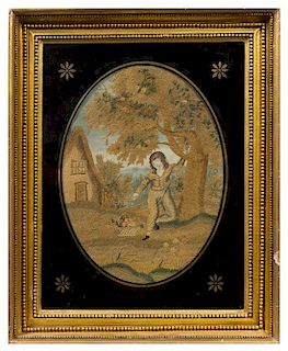 An English Needlework Picture Height of needlework 15 x width 10 3/4 inches.