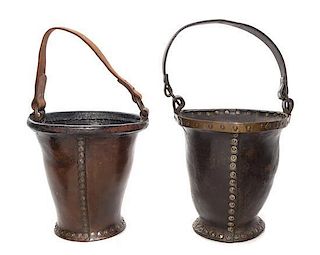 * A Pair of A Brass Banded Leather Fire Buckets Height of taller 10 3/4 inches.