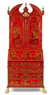 * A Queen Anne Style Red Lacquered Secretary Height 88 x width 36 1/2 x depth 20 3/4 inches.