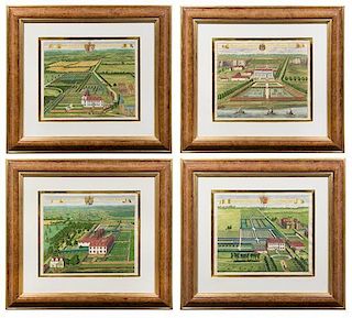A Set of Four Hand-Colored Engravings Each: 27 1/2 x 29 3/4 inches overall.