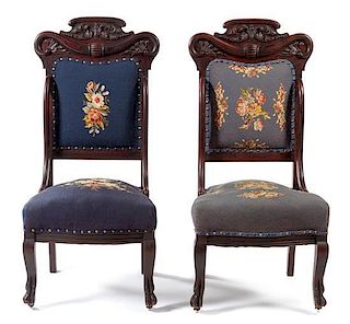 A Pair of Victorian Needlepoint Upholstered Side Chairs Height 41 1/2 inches.