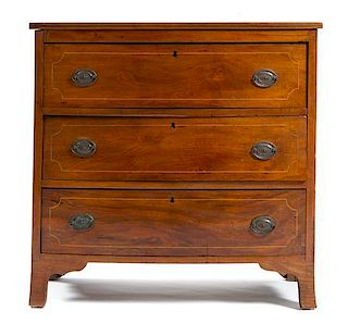 * A Late George III/Regency Satinwood Banded Mahogany Bowfront Chest of Drawers Height 34 x width 34 3/4 x depth 17 inches.