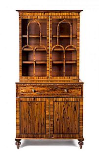 * A Regency Brass-Inlaid Calamander Secretary Bookcase Height 75 1/4 x width 37 1/2 x depth 19 1/4 inches.