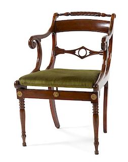 * A Regency Brass Inlaid Mahogany Open Armchair Height 32 inches.