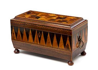 * An English Parquetry Tea Caddy Height 7 x width 12 inches.
