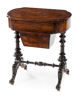 A Victorian Burlwood Work Table Height 29 1/8 x width 25 x depth 16 inches.