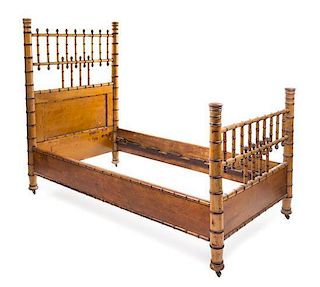 * A Victorian Simulated Bamboo Bed Height 58 1/2 x width 73 x depth 38 1/2 inches.