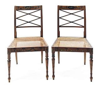 * A Pair of Edwardian Satinwood Side Chairs Height 32 inches.