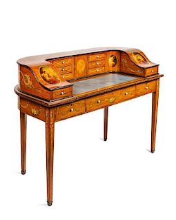 * An Edwardian Painted and Inlaid Satinwood Carlton House Desk Height 37 x width 52 x depth 24 inches.