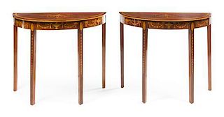 A Pair of Edwardian Style Marquetry Console Tables Height 29 x width 35 3/4 x depth 17 3/4 inches.