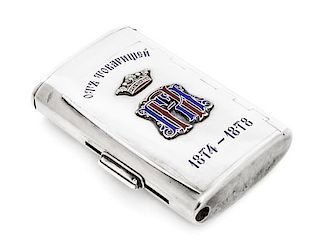 * A Russian Silver and Enamel Cigarette Case, Mark of Sazikov with Imperial warrant, St. Petersburg, late 19th century, the lid