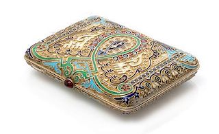 * A Russian Silver-Gilt and Enamel Cigarette Case, Mark of 11th Artel, Moscow, early 20th century, the case havng a gilt wash gr