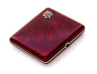 * A Gold and Guilloche Enamel Cigarette Case, Probably Russian, the case with allover red enamel against an engine turned and ra