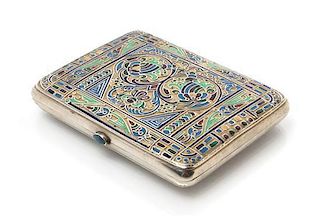 * A Russian Silver and Enamel Cigarette Case, Mark of D. Nikolayev, Moscow, the case having a gilt wash ground with foliate and