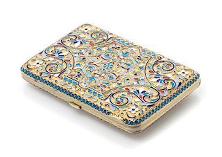 * A Russian Silver and Enamel Cigarette Case, Maker's mark CMO, Kokoshnik mark of Ivan Lebedkin, Moscow, the case with floral an
