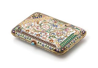* A Russian Enameled Silver Cigarette Case, Maker's mark Cyrillic IZh, Moscow, late 19th/early 20th century, the case worked wit