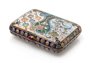 * A Russian Enameled Silver Box, Mark of 20th Artel, Moscow, early 20th century, the case decorated with polychrome flowers and