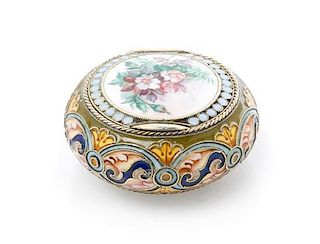 * A Russian Enameled Silver and Porcelain Snuff Box, Mark of Pavel Ovichinnikov, Moscow, late 19th/early 20th century, of circul