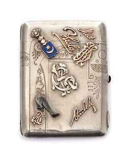 * A Russian Silver and Enamel Cigarette Case, Second Silver Artel, Moscow, early 20th century, the case having applied monograms