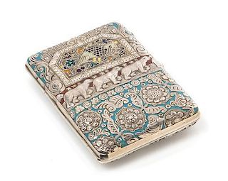 * A Russian Enameled Silver Cigarette Case, Mark of D.P. Nikitin, Moscow, late 19th century, the lid with an enameled cartouche