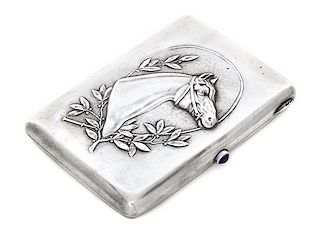 * A Russian Silver Cigarette Case, Maker's mark Cyrillic DS, Moscow, the case worked to show the profile of a throughbred horse