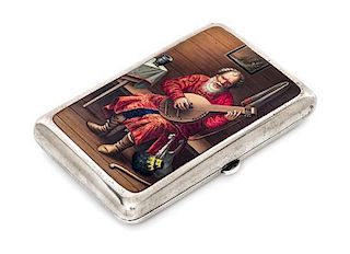 * A Russian Enameled Silver Cigarette Case, Mark of Konstantin Skvortsov, Moscow, late 19th century, the lid decorated with a sc
