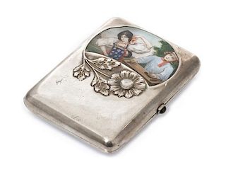 * A Russian Silver and En Plein Enamel Cigarette Case, Maker's mark Cyrillic EY, kokoshnik mark of Ivan Lebedkin, Moscow, the li