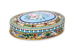 * A Russian Silver-Gilt and Enamel Snuff Box, Mark of Ivan Saltykov, Moscow, late 19th century, of oval form, the lid centered b