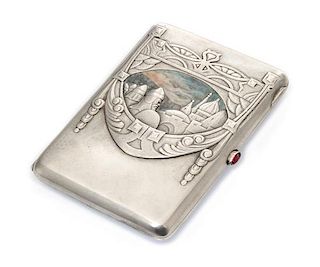 * A Russian Silver and en Plein Enamel Cigarette Case, Maker's mark Cyrillic BiK, Moscow, early 20th century, the lid worked wit