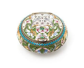 * A Russian Enameled Silver Snuff Box, Mark of Third Jewelry Artel, St. Petersburg, early 20th century, of circular form, the ca