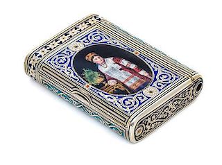 * A Russian Silver and Enamel Cigarette Case, Mark of Mikhail Ovchinnikov with Imperial warrant, assay mark of Ivan Konstantinov