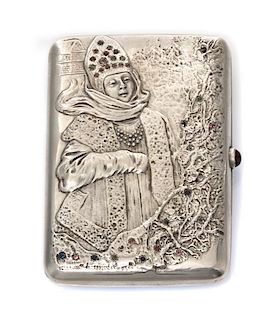 * A Russian Silver and Jeweled Cigarette Case, Maker's mark Cyrillic IT in a triangle, assay mark of Ivan Lebedkin, Moscow, the