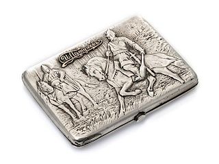 * A Russian Silver Cigarette Case, Mark of Pytor Petrov, Moscow, early 20th century, the lid worked to show two warriors on hors