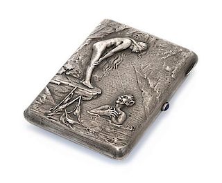 * A Russian Silver Cigarette Case, Maker's mark BO, Moscow, late 19th century, the case worked to show a vodyanoy courting a nud